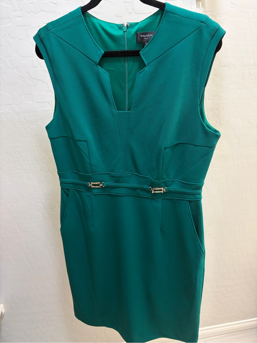 Tahari ASL Emerald Sheath Dress with Gold-Tone Waist Accents